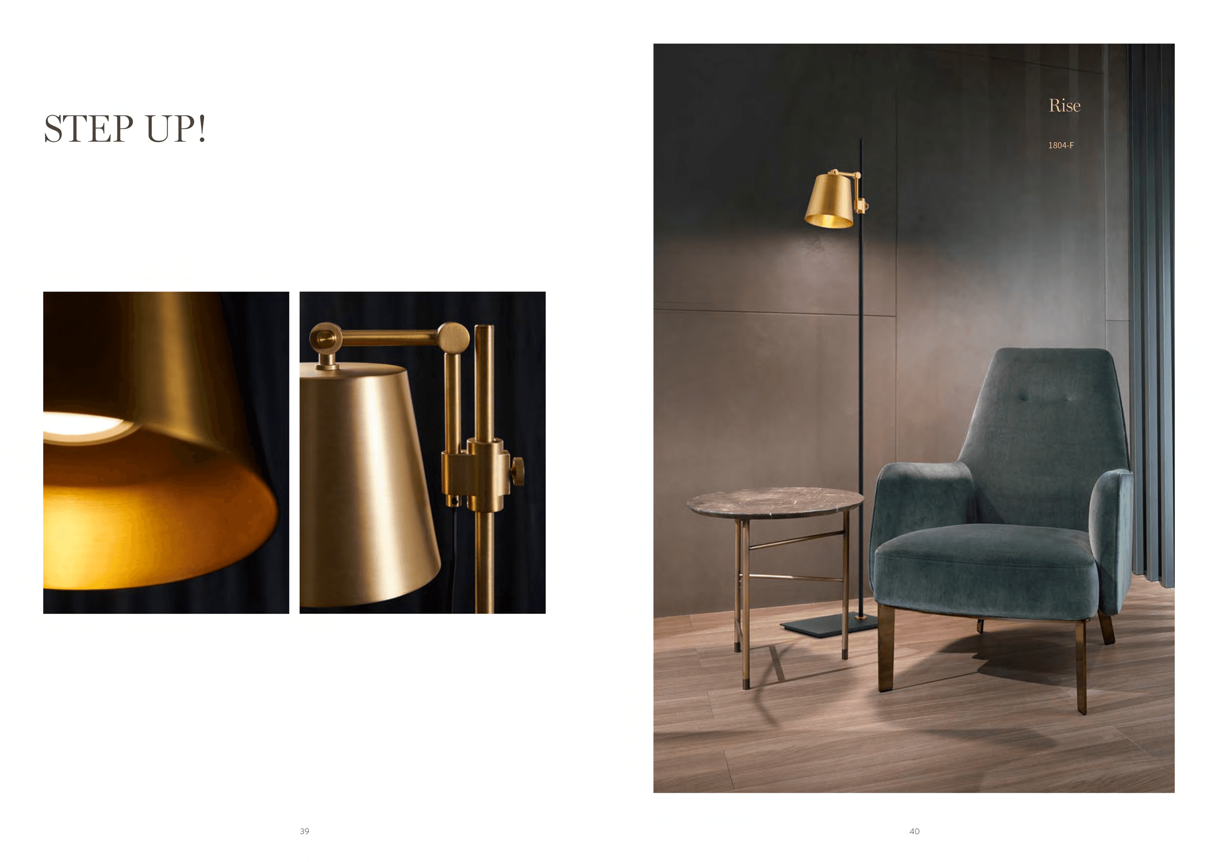 A golden floor lamp with an adjustable head stands next to a green armchair and a small round table, all set against a dark wall.