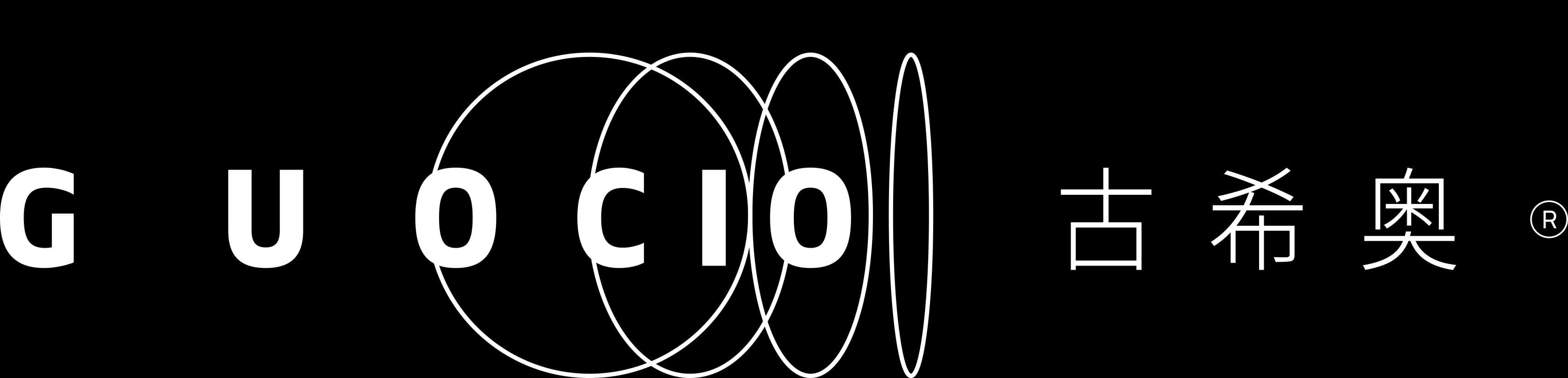 A black background with the word GUOCIO in white capital letters, followed by a series of white concentric ovals, and then the Chinese characters for GUOCIO, also in white, with a registered trademark symbol.