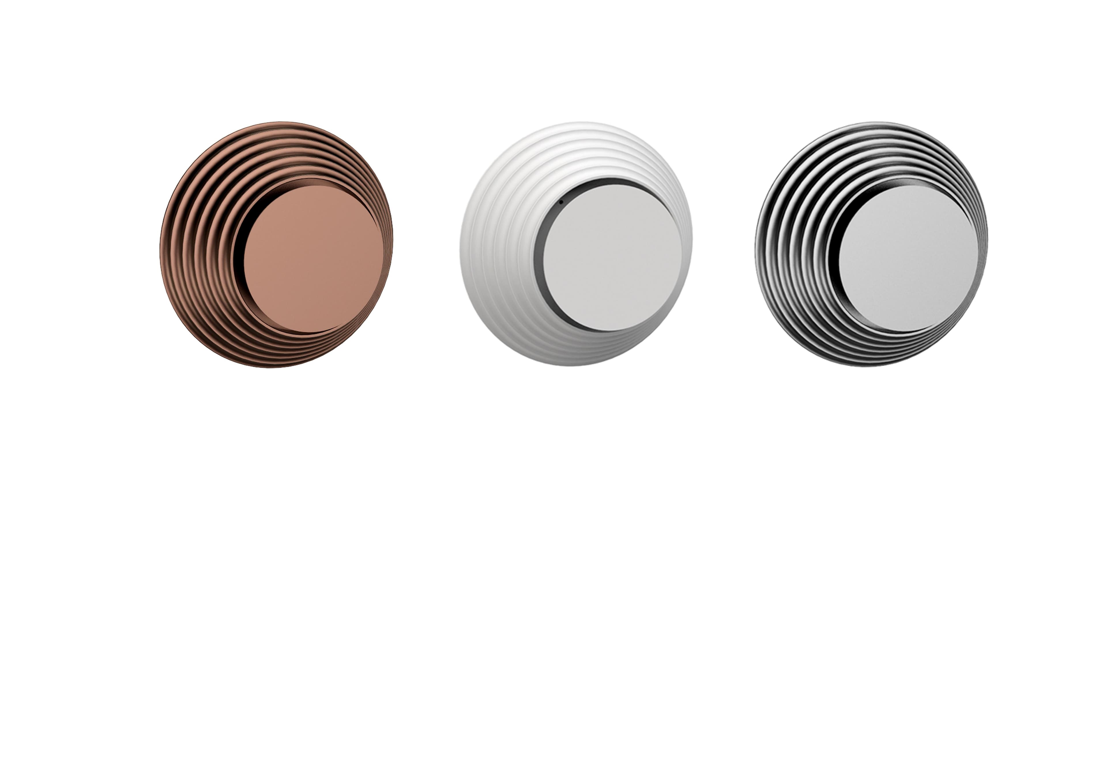 Three circular, ribbed wall sconces are shown in different metallic finishes: copper, white, and chrome, each with a smooth central disc.