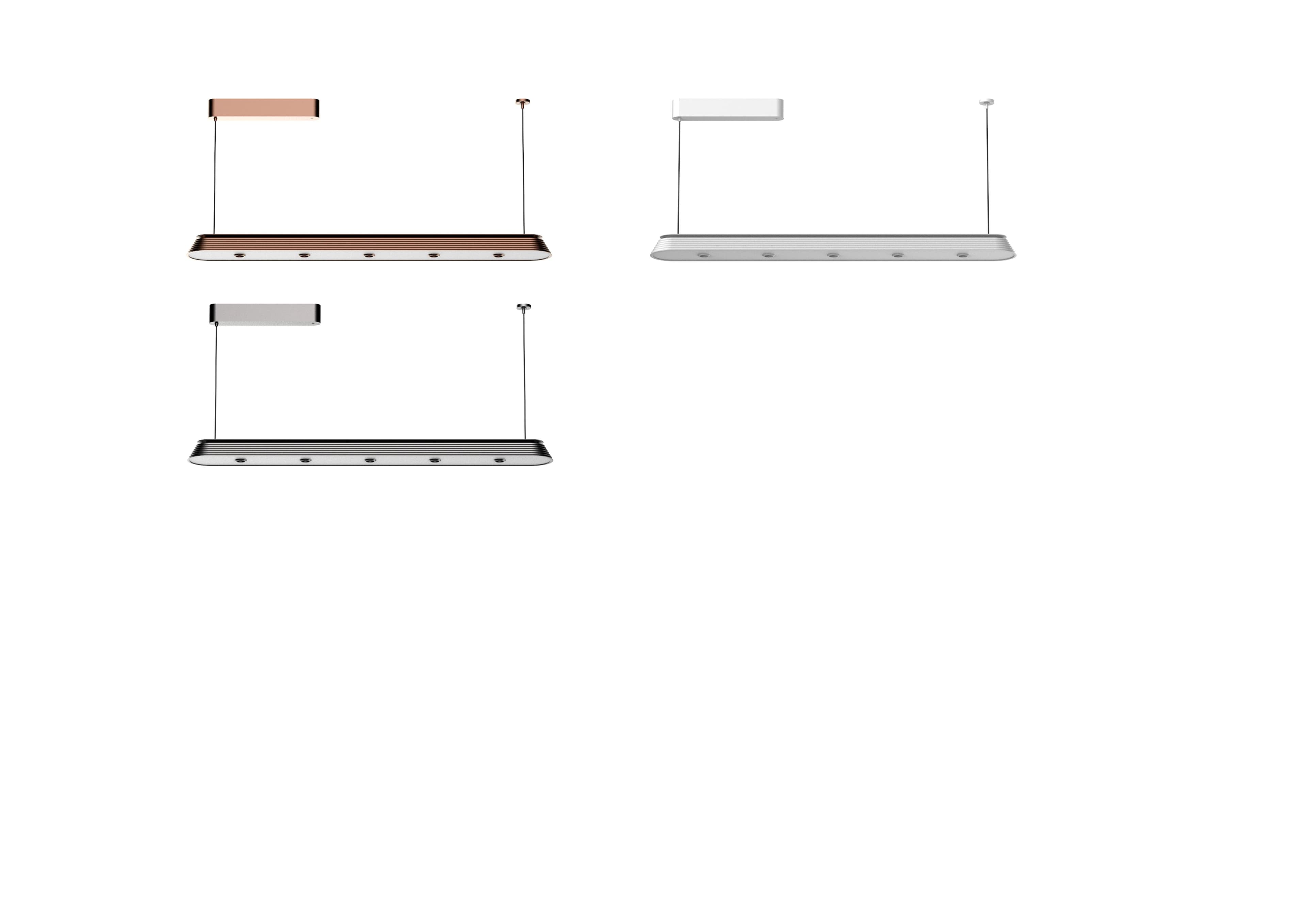 Three linear pendant lights are shown, one in rose gold, one in white, and one in dark grey, each featuring multiple small spotlights along their length.