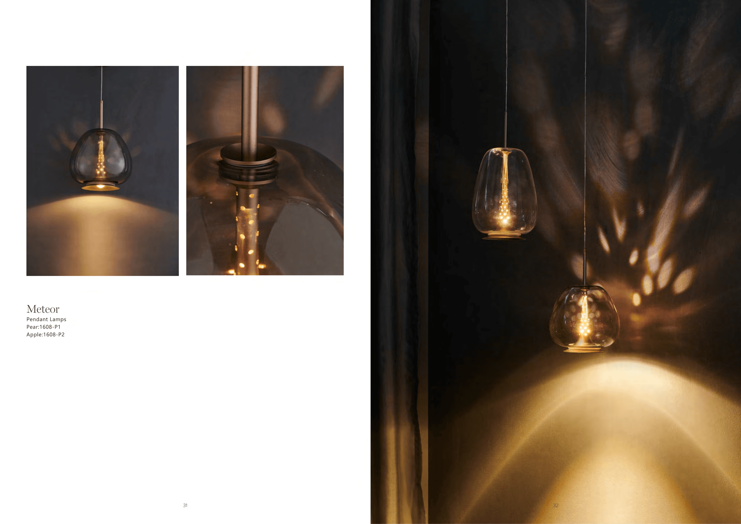 Two pendant lamps with dark glass shades and illuminated interiors hang against a dark background, casting warm light and abstract patterns on the wall.