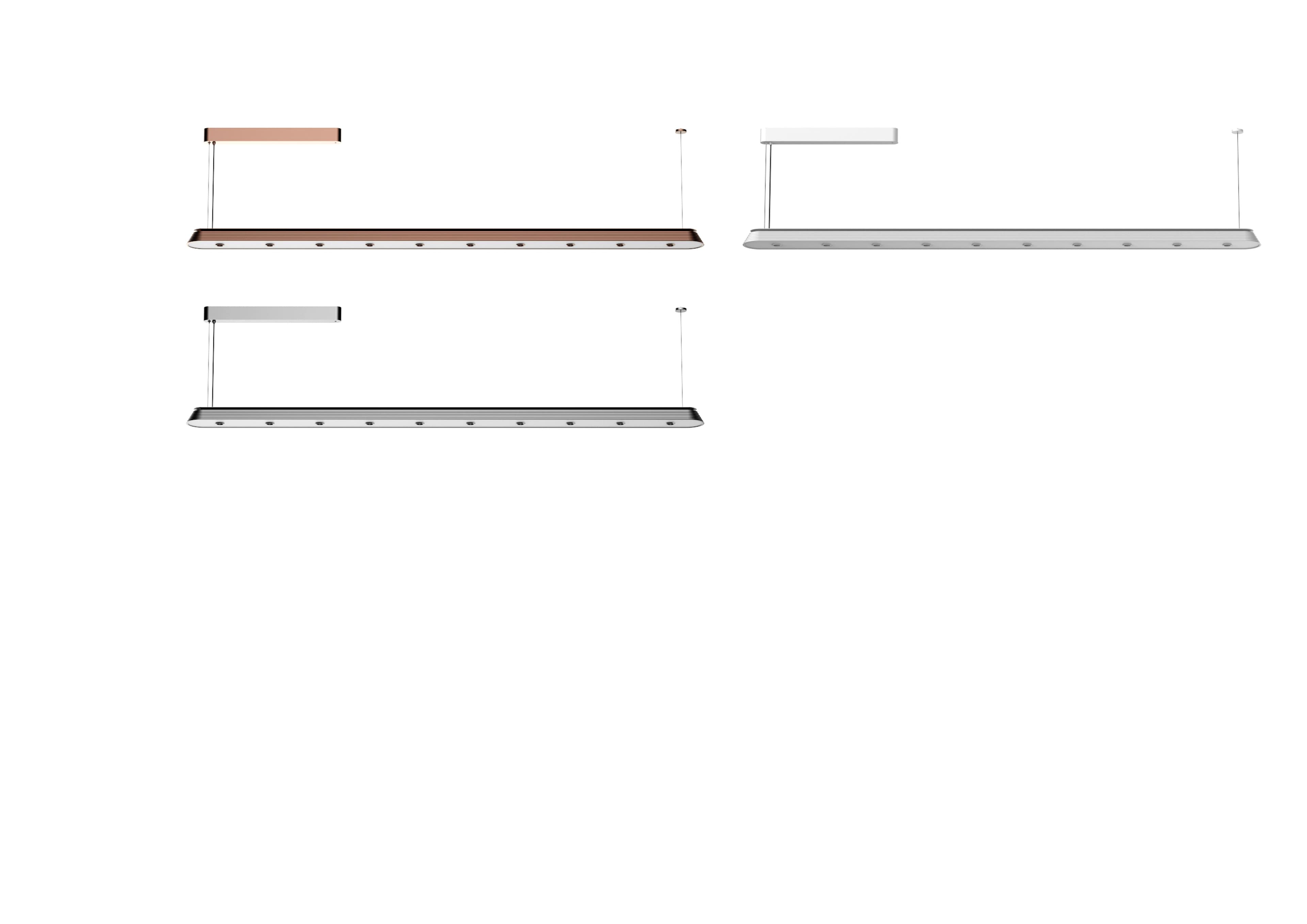 Three linear pendant lights are shown, one in rose gold, one in white, and one in silver, each featuring multiple downward-facing light sources along their length.