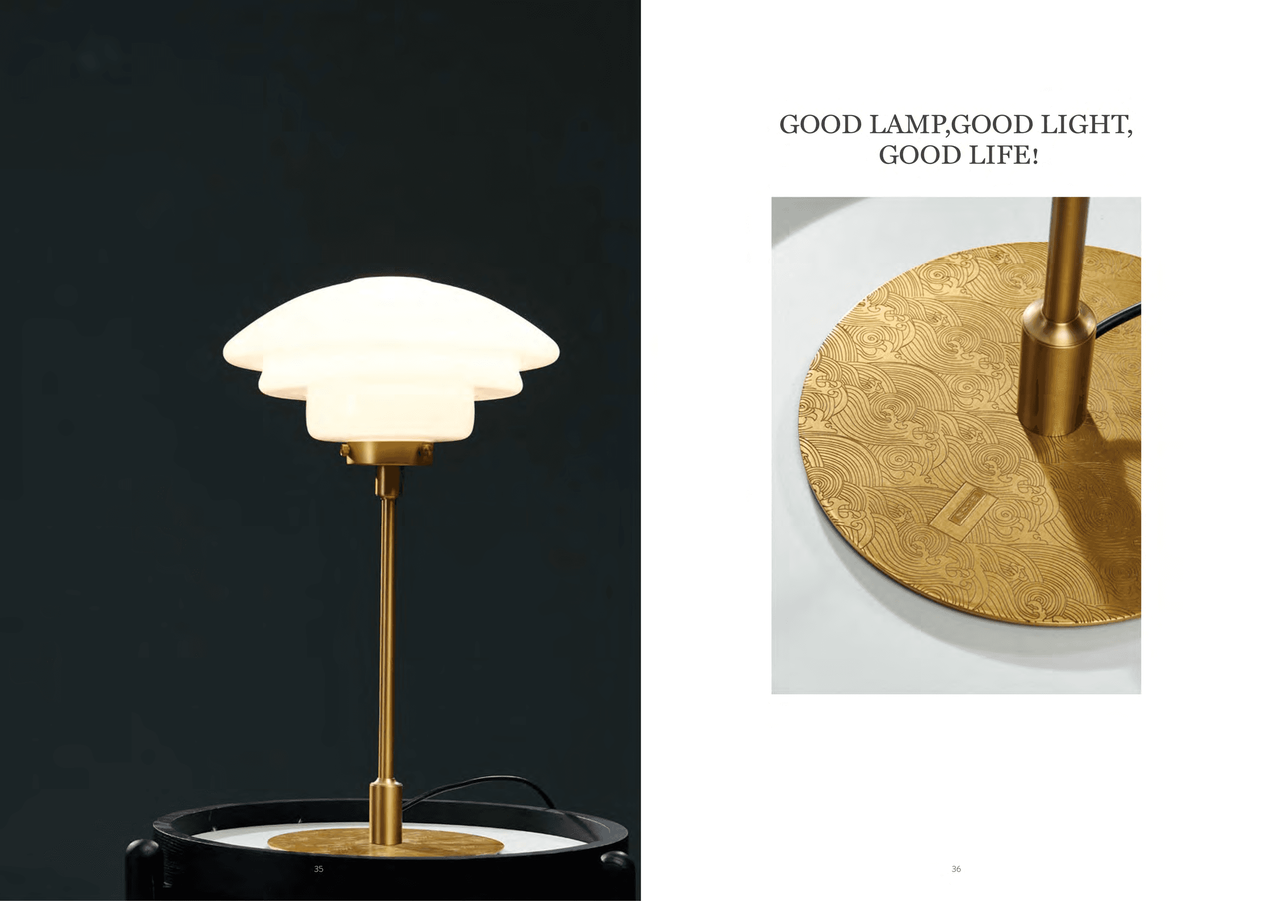 A modern table lamp with a tiered white glass shade and a golden metallic base and stem is shown on a dark background, with a close-up of the patterned golden base on the right.