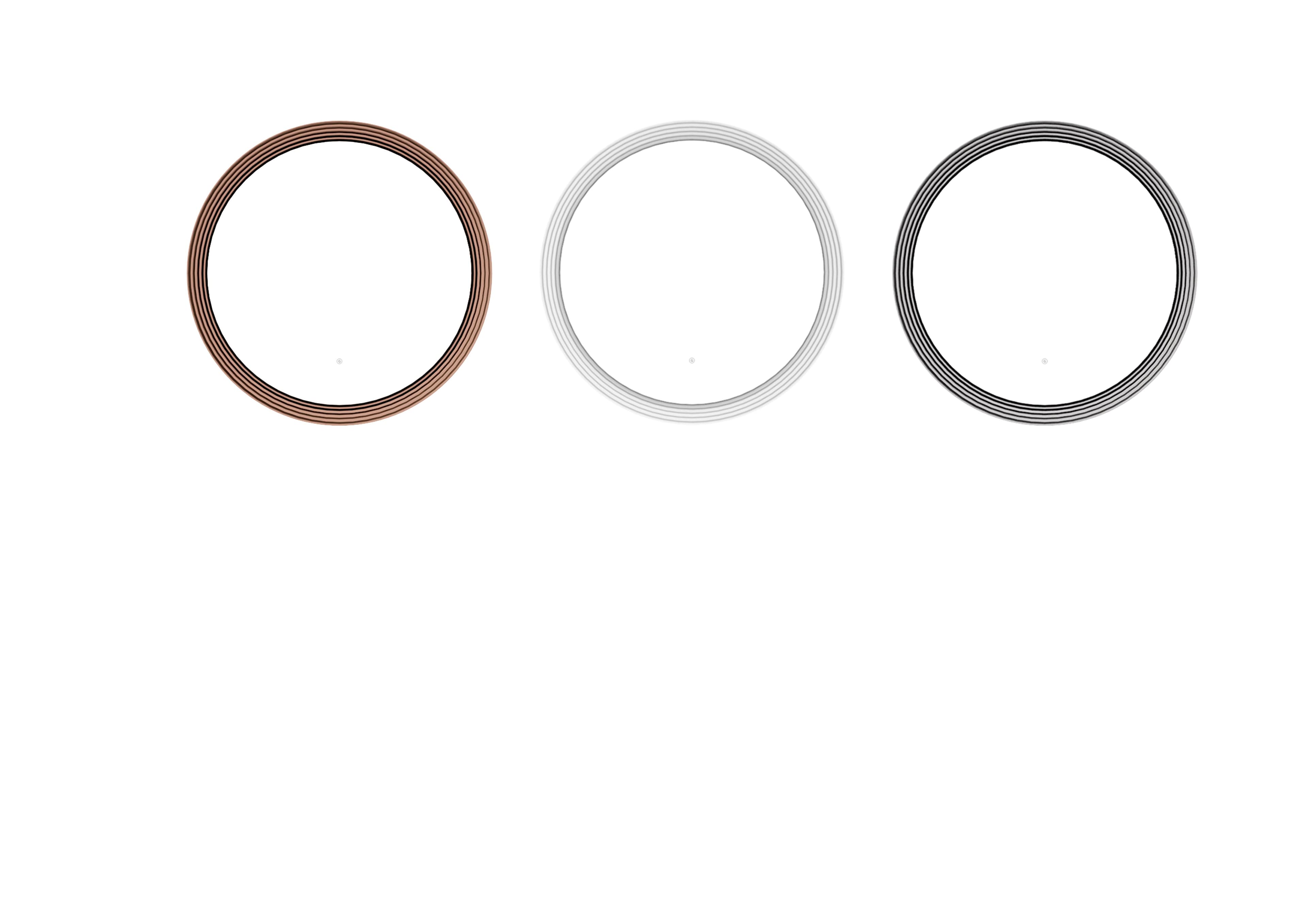 Three circular mirrors with different colored frames are displayed against a white background.