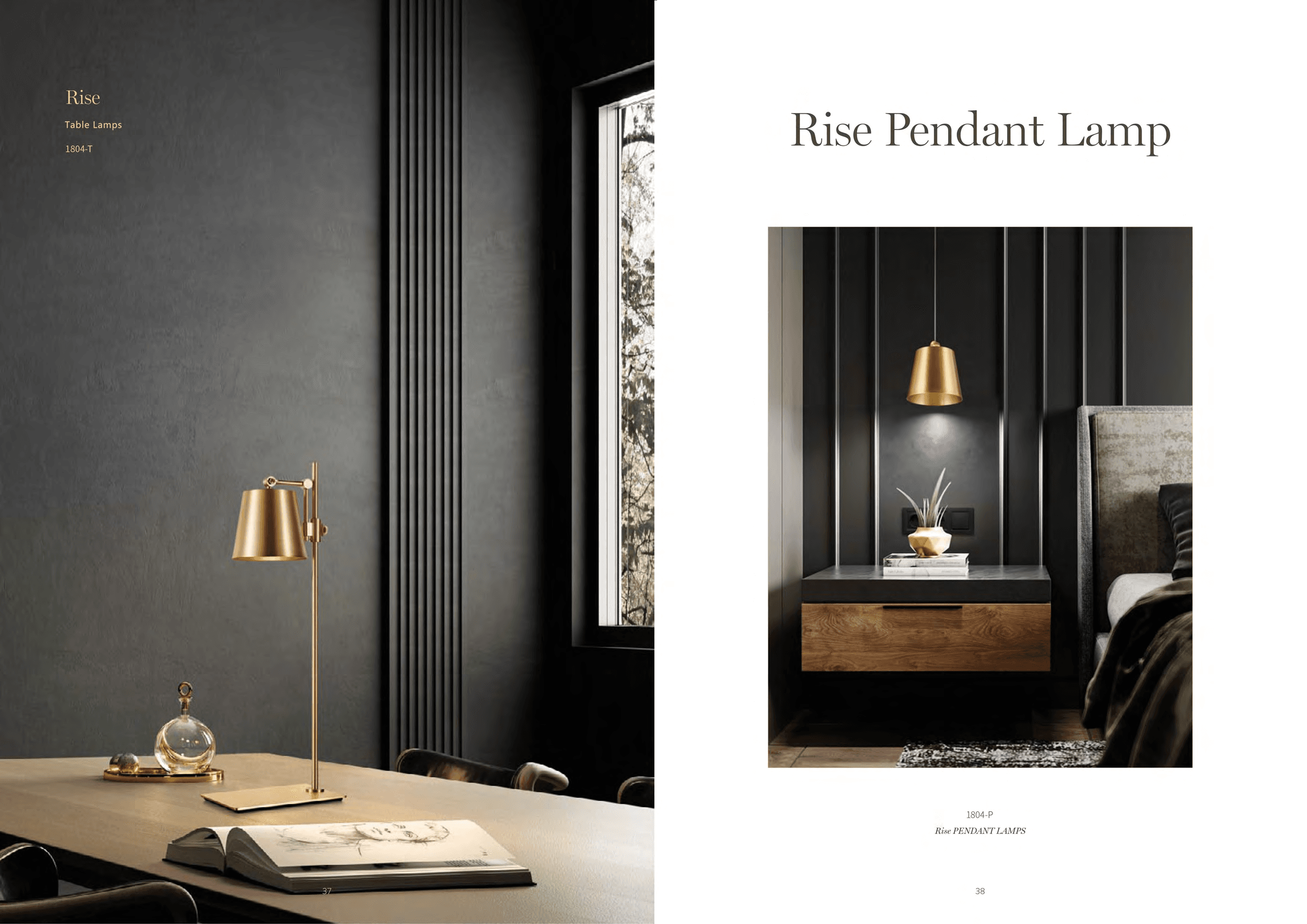A gold-colored table lamp and a gold-colored pendant lamp are displayed in different room settings, both featuring a sleek, modern design.