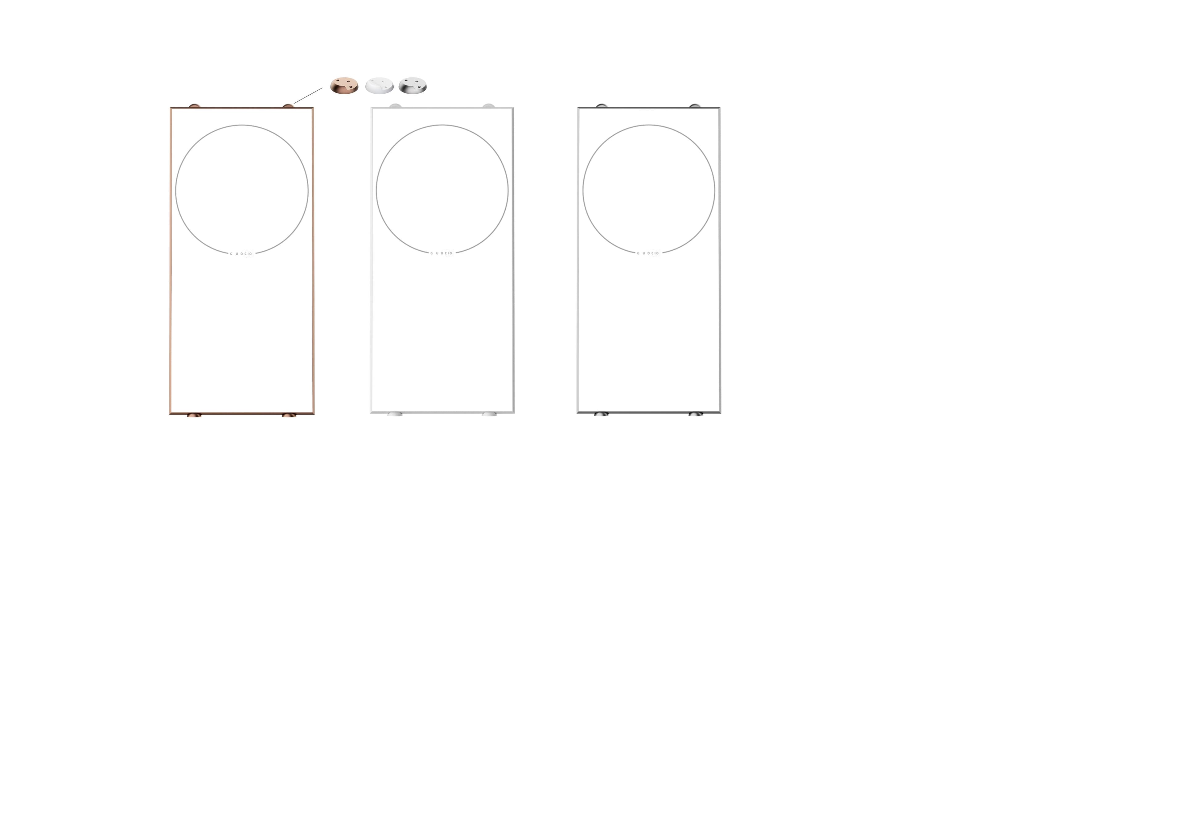 Three rectangular induction cooktops are shown, each with a large circular cooking zone and the word 'GUOCIO' printed below the circle, presented in different metallic finishes.