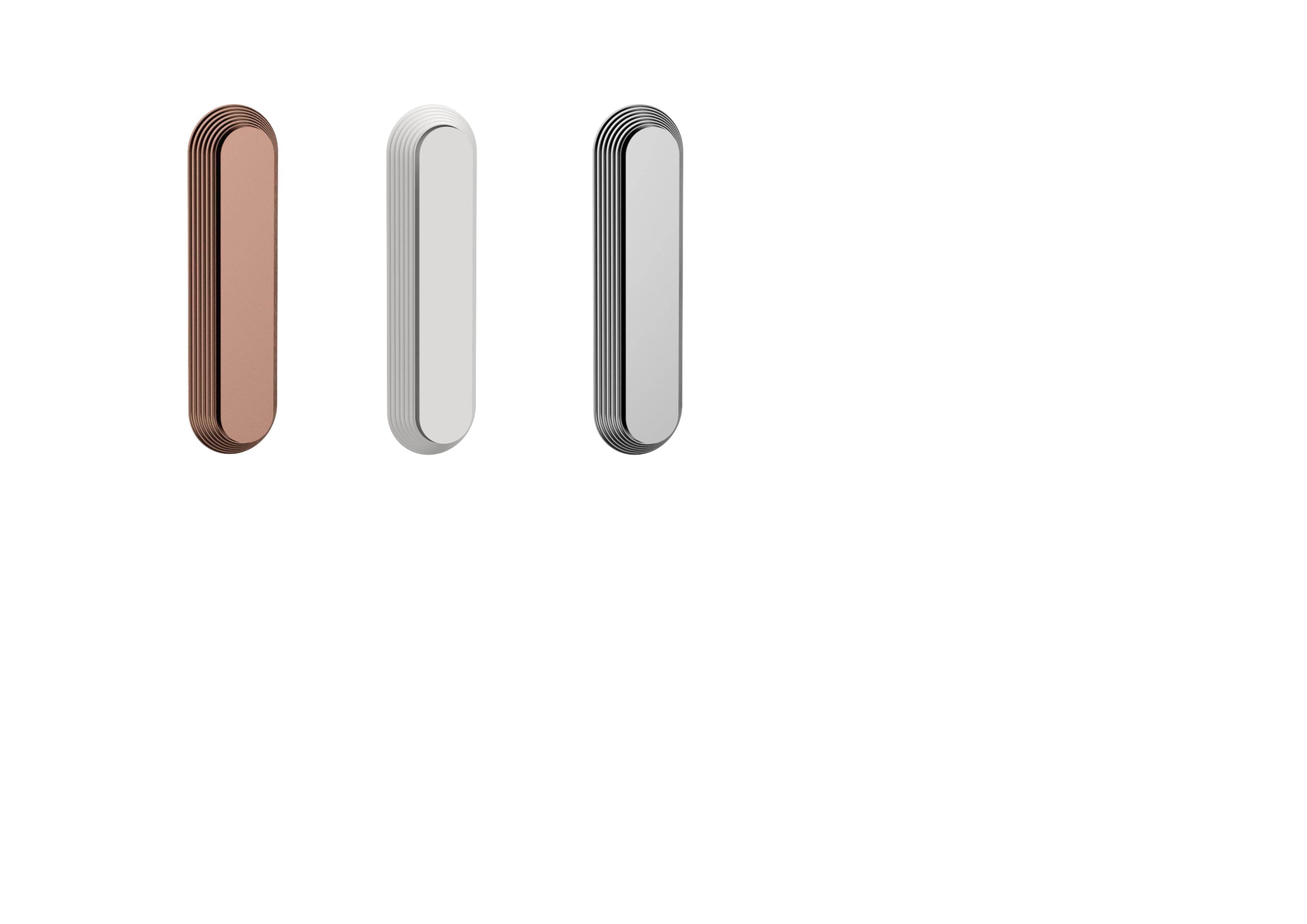 Three elongated, rounded-end objects, one in a copper tone, one in white, and one in silver, are arranged vertically on a white background.
