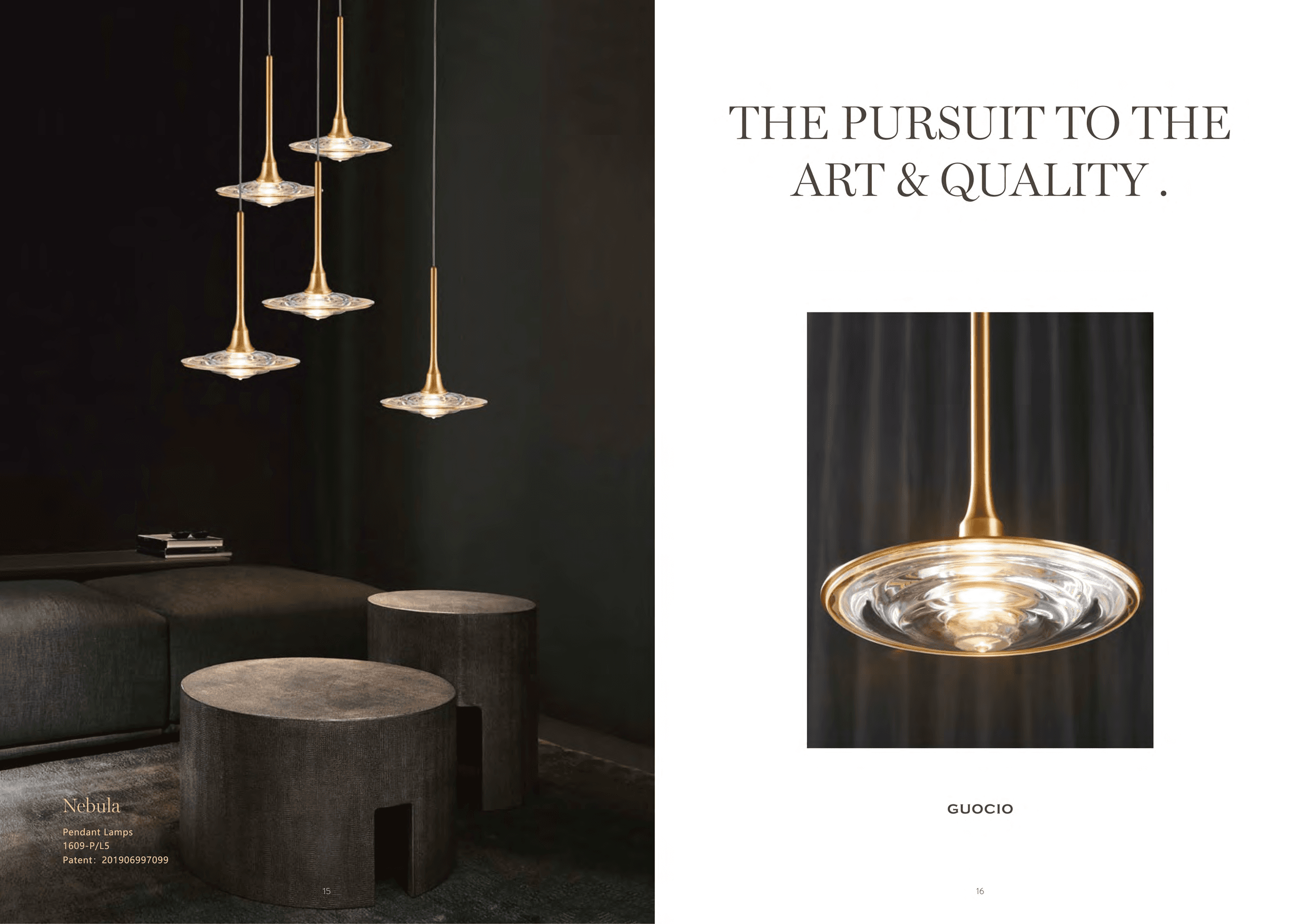 A collection of pendant lamps with golden stems and clear, textured glass shades are suspended over a dark green sofa and two round, textured side tables in a dimly lit room.