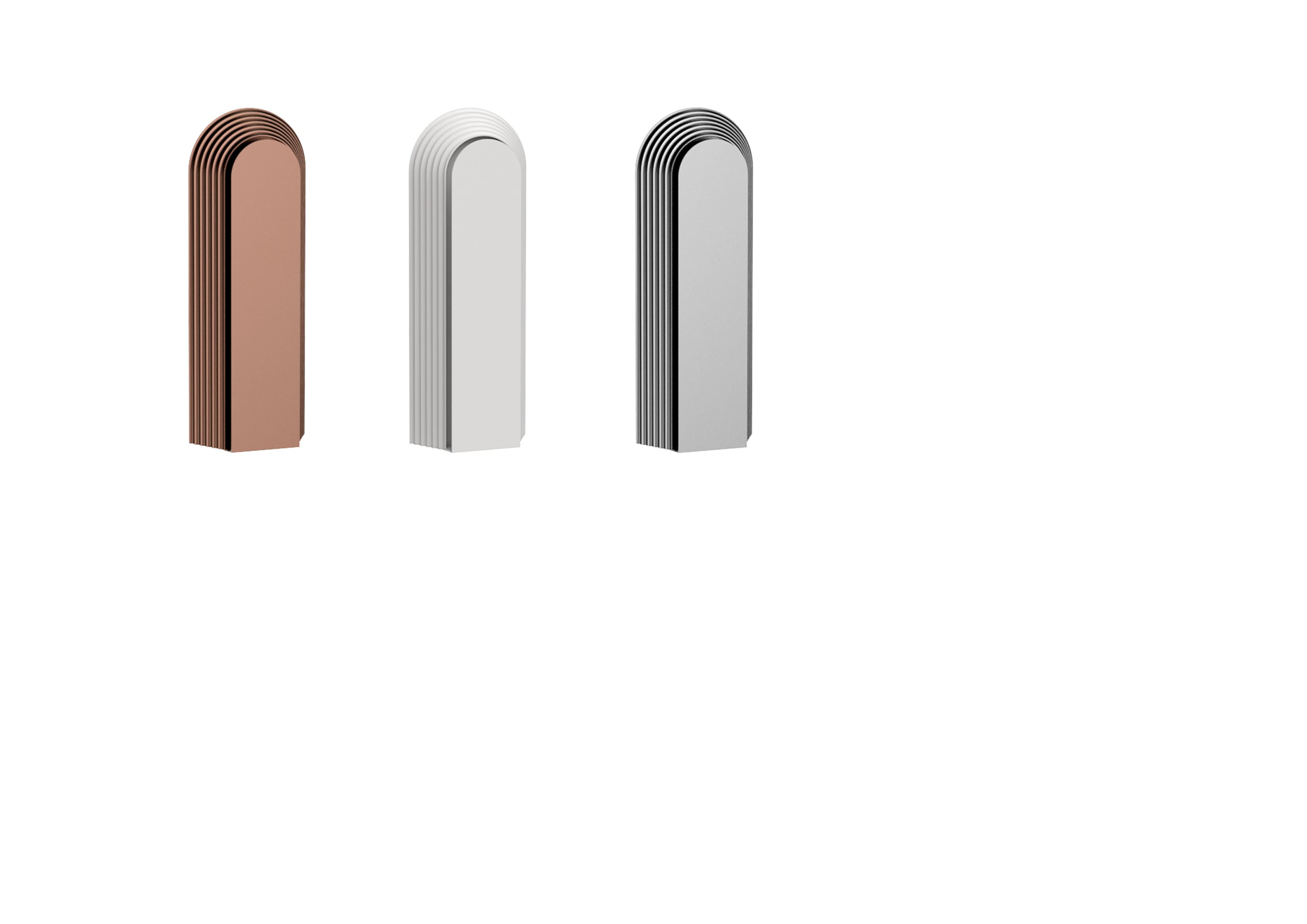Three decorative vertical panels with rounded tops, in rose gold, white, and silver finishes, are arranged side-by-side against a white background.