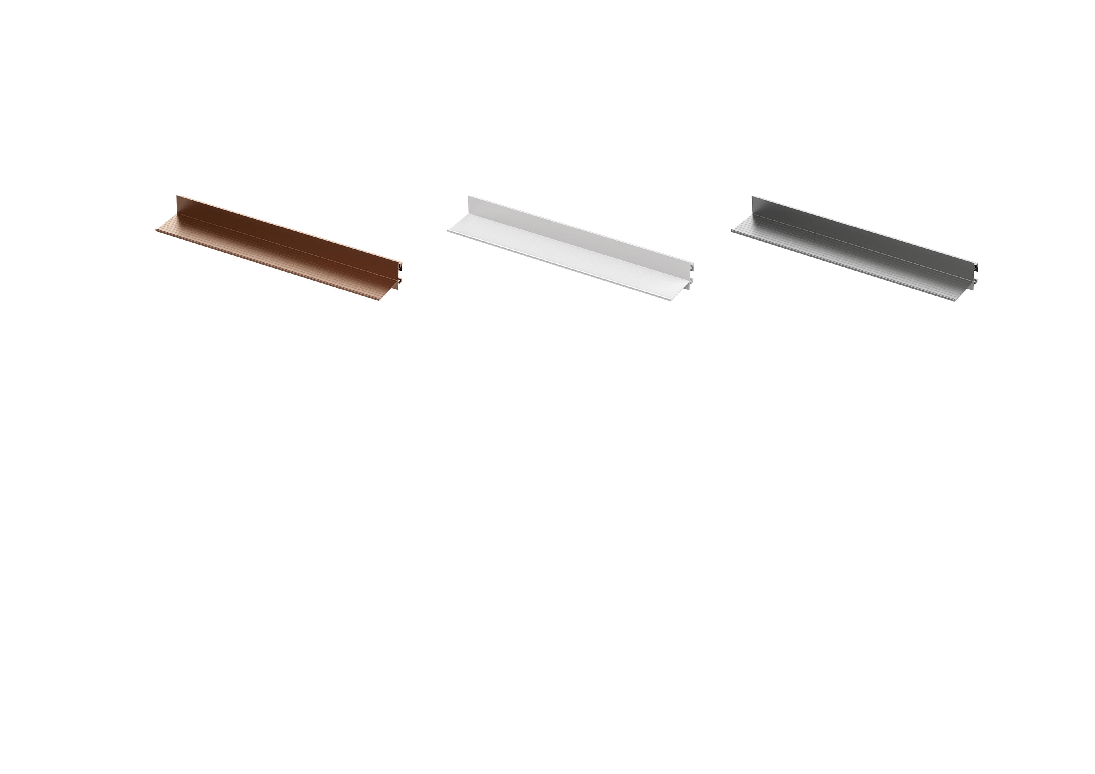 Three L-shaped metal profiles in brown, white, and grey finishes are displayed on a white background.