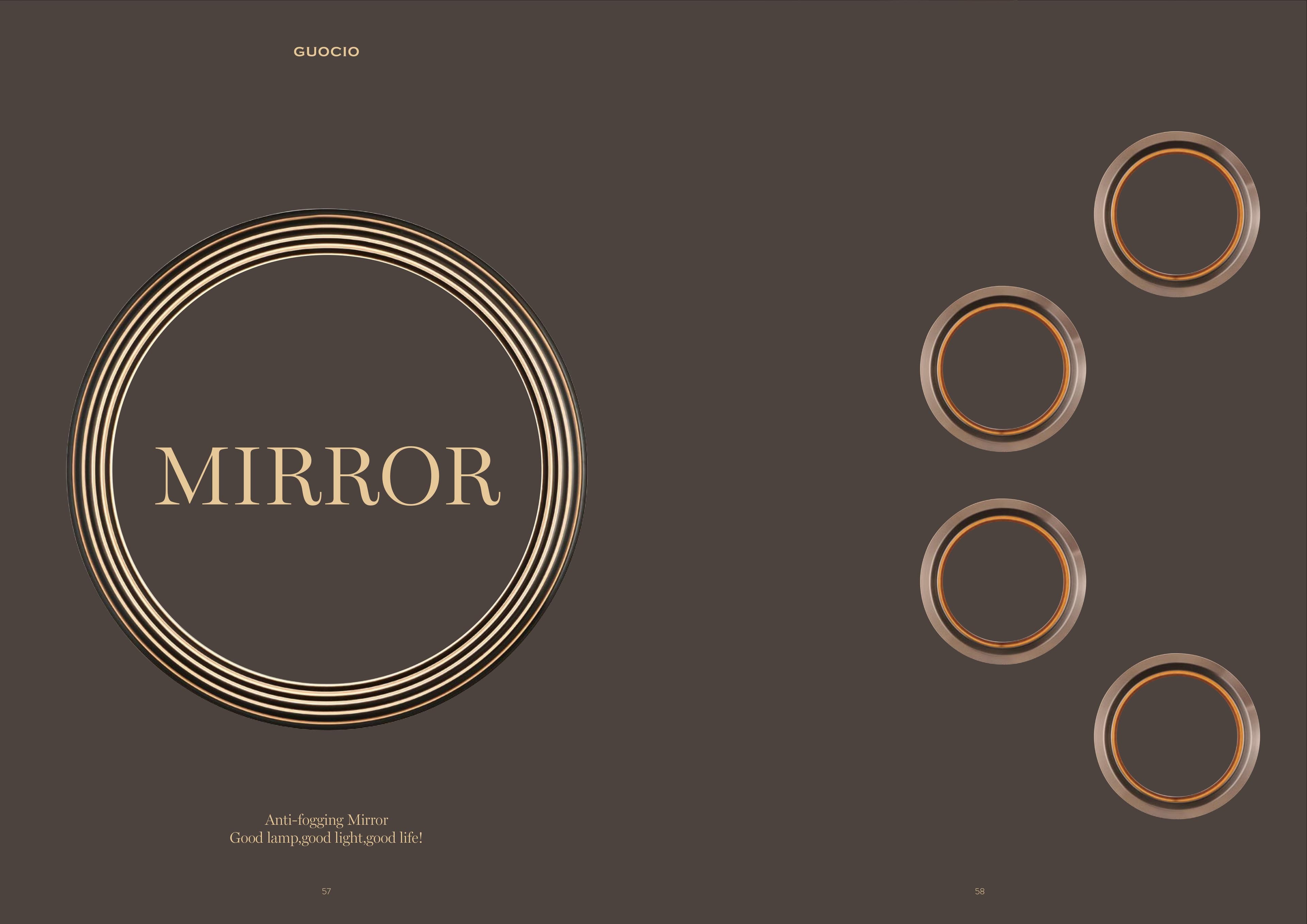 A circular mirror with multiple concentric rings around its edge is displayed on a dark background, with four smaller, similar circular elements arranged vertically on the right side of the image.