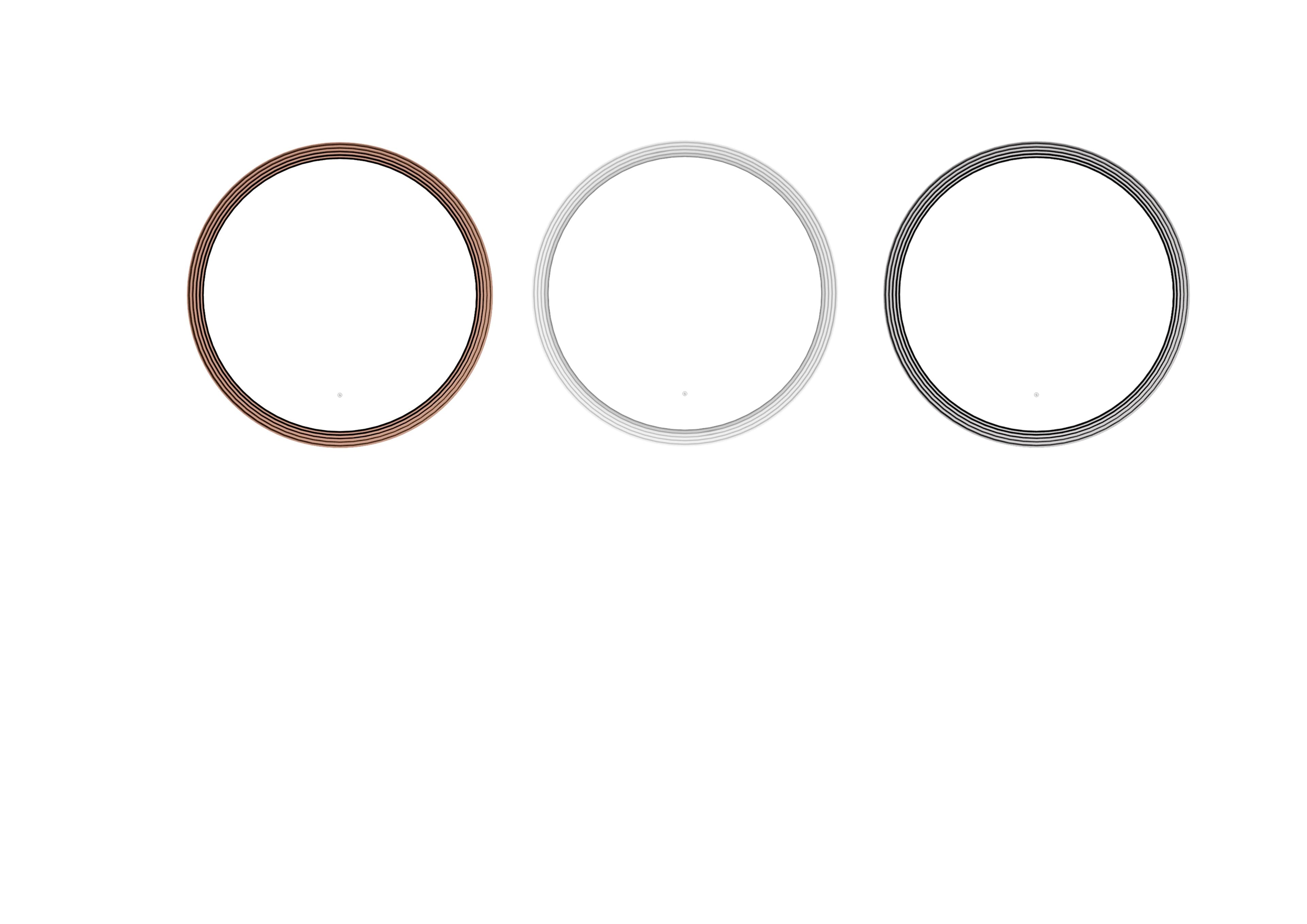 Three circular mirrors with thin, multi-layered frames in copper, silver, and black finishes are displayed against a white background.