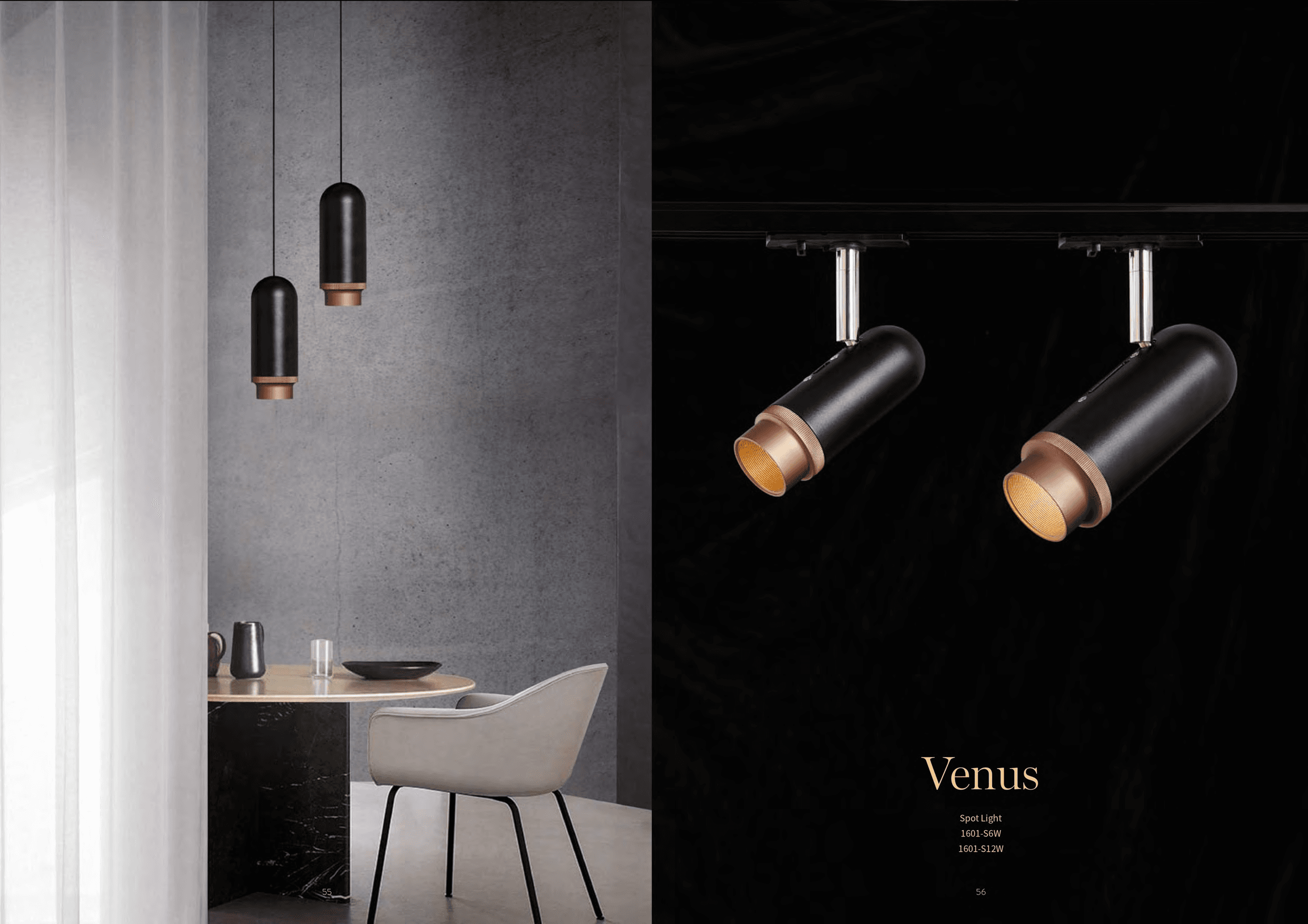 A pair of black and copper pendant lights hang above a table, while two matching black and copper spot lights are mounted on a track against a dark background.