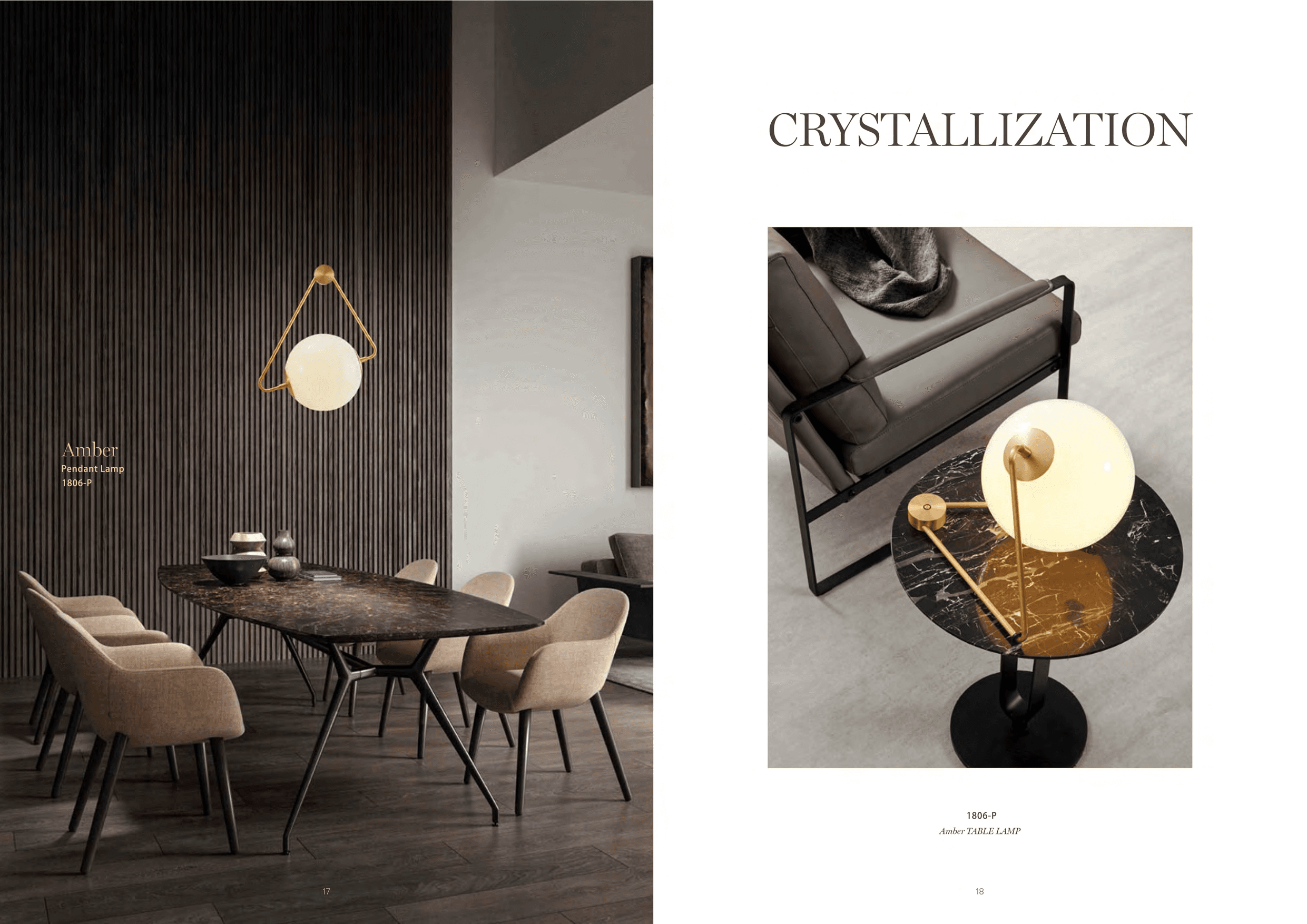 A modern dining room features a long dark marble table surrounded by several upholstered chairs, illuminated by a single pendant lamp with a spherical white globe and a gold-toned frame, while an adjacent image shows a matching table lamp on a round marble side table next to an armchair.