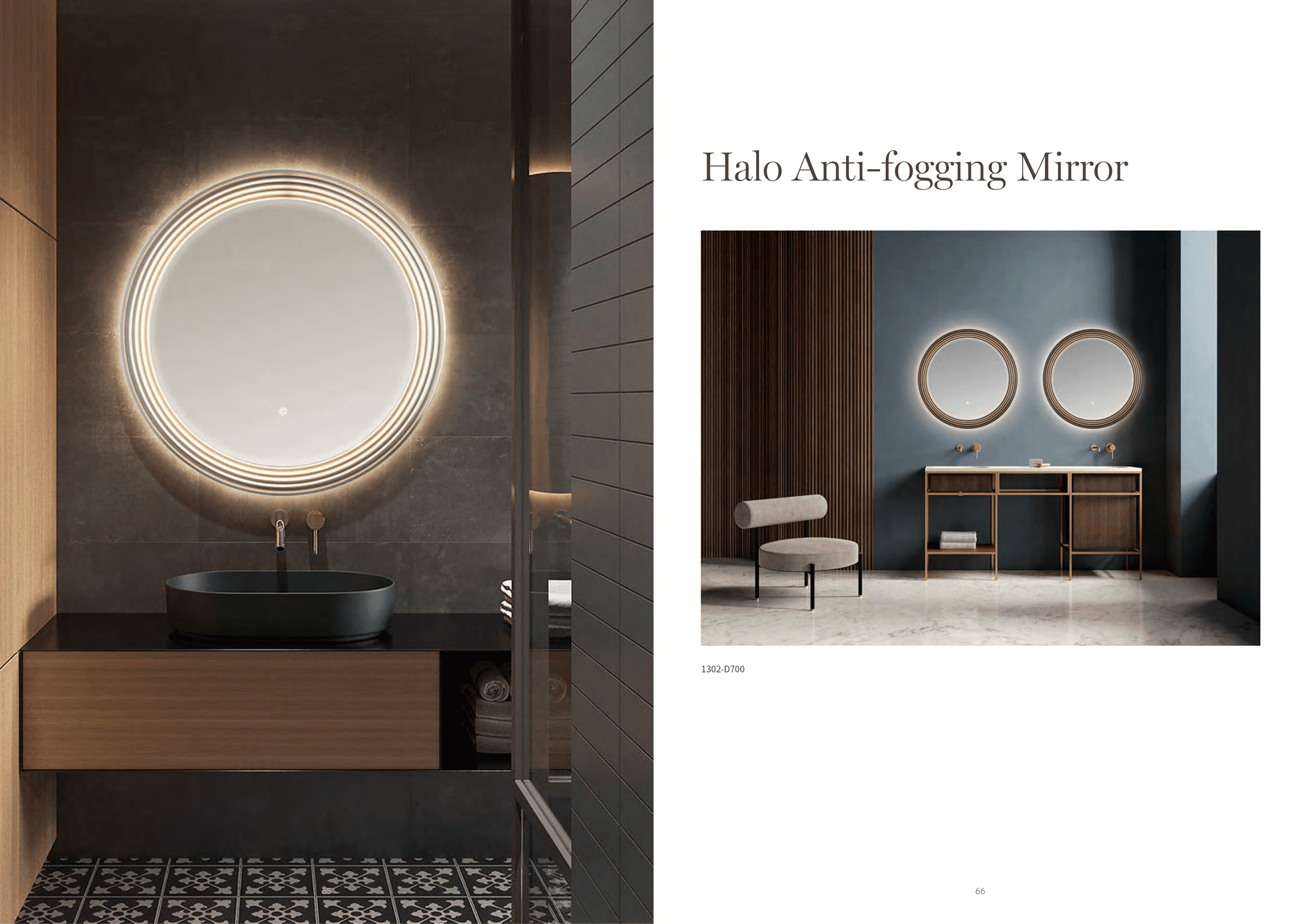 A modern bathroom features a round, illuminated anti-fogging mirror above a dark green basin and a wooden vanity, with a second image showing two similar mirrors over a double vanity with a light-colored stool.