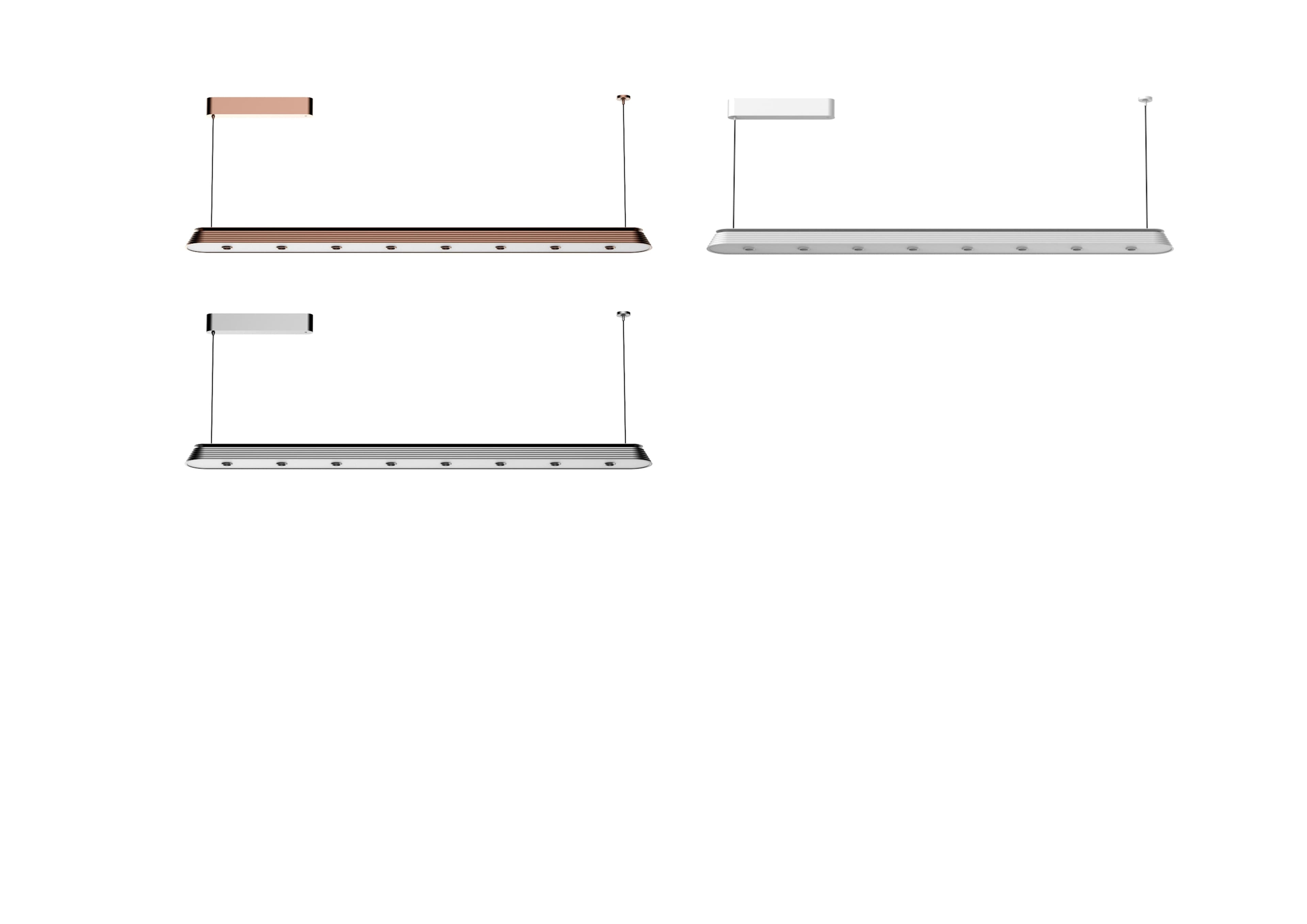 Three linear pendant lights are shown, one in rose gold, one in white, and one in silver, each featuring multiple recessed light sources along their length and suspended by thin cables from a rectangular canopy.