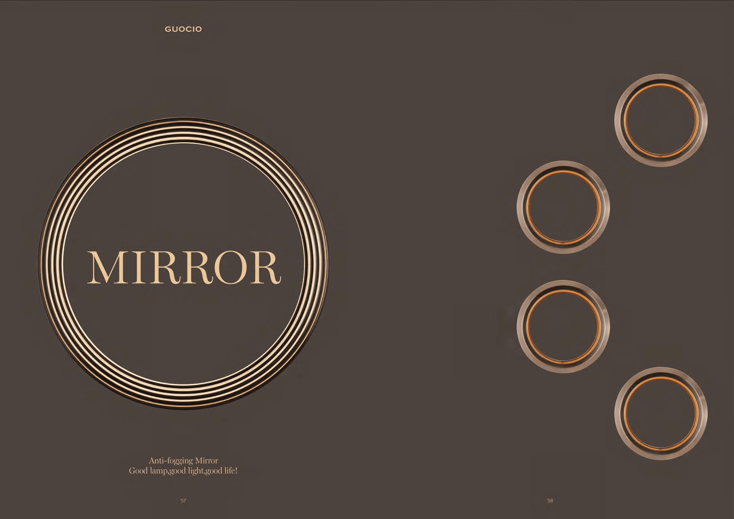 A dark brown background features a large circular mirror with golden concentric rings on the left, and four smaller, similar circular elements arranged vertically on the right.