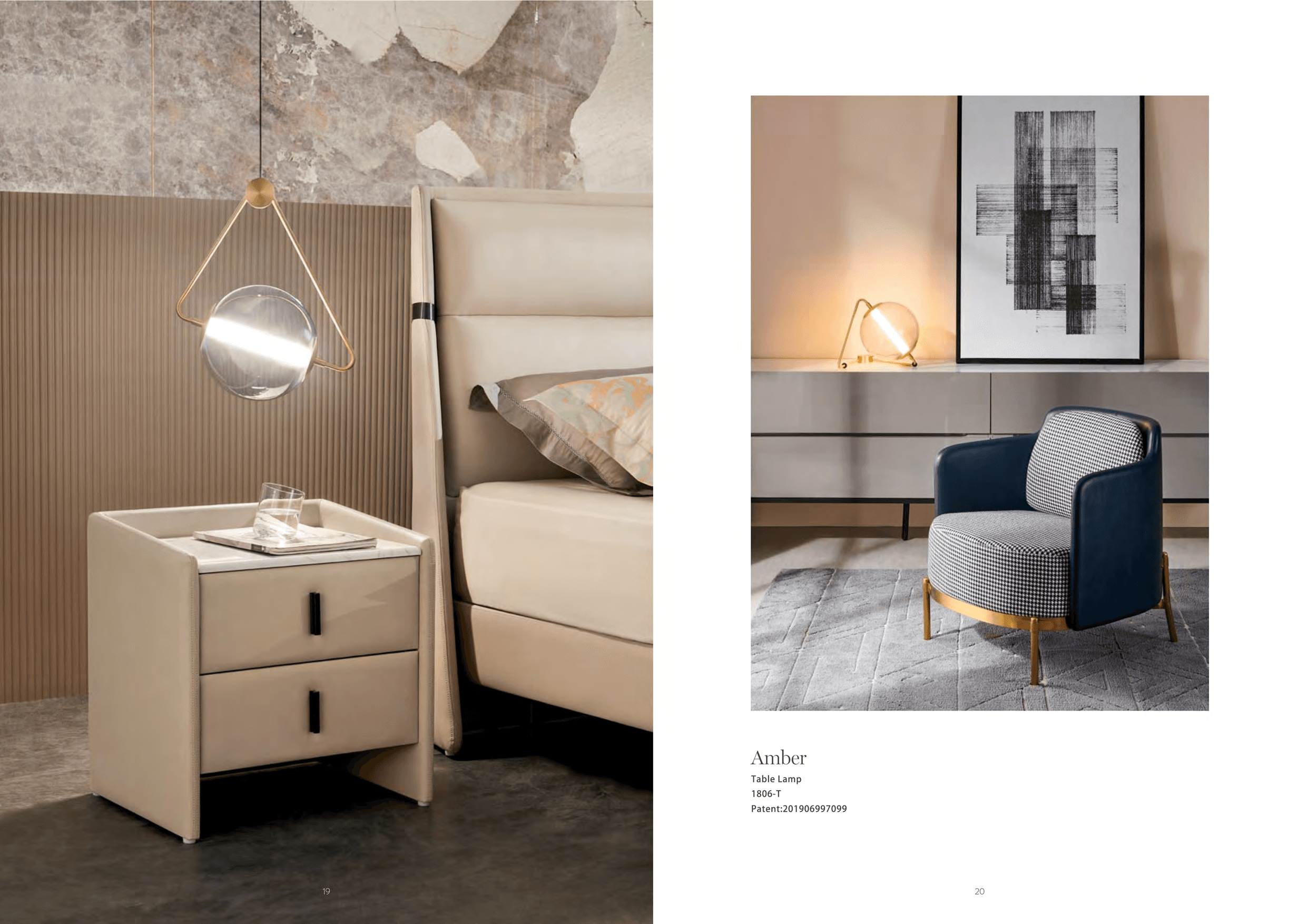 A modern bedroom scene featuring a bed with a tall headboard, a bedside table with two drawers, and a unique pendant light with a spherical glass shade, alongside a separate image of a table lamp and an armchair.